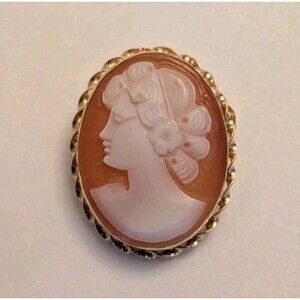 Vtg 14K Yellow Gold Italian Hand Carved Cameo Pin Brooch Bust Portrait Signed